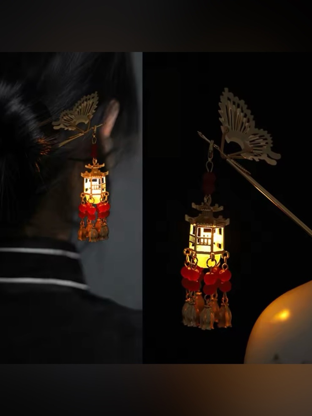 Metal Hair Stick Dangle Beaded Pearl Moon Lantern Charm night light up Halloween
